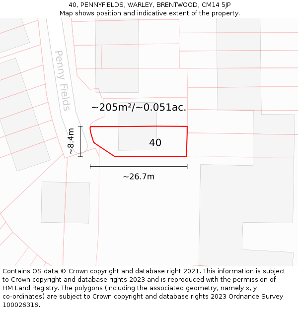 40, PENNYFIELDS, WARLEY, BRENTWOOD, CM14 5JP: Plot and title map