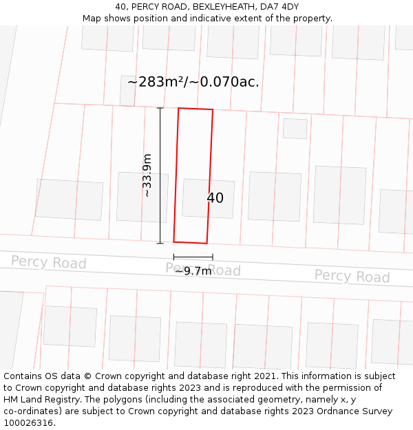 40, PERCY ROAD, BEXLEYHEATH, DA7 4DY: Plot and title map