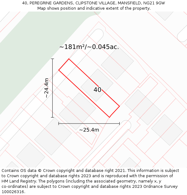 40, PEREGRINE GARDENS, CLIPSTONE VILLAGE, MANSFIELD, NG21 9GW: Plot and title map