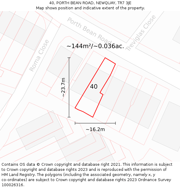 40, PORTH BEAN ROAD, NEWQUAY, TR7 3JE: Plot and title map