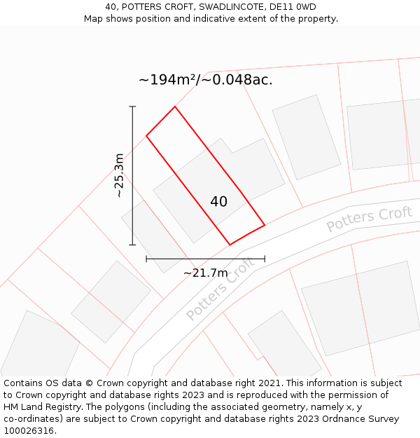 40, POTTERS CROFT, SWADLINCOTE, DE11 0WD: Plot and title map