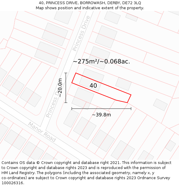 40, PRINCESS DRIVE, BORROWASH, DERBY, DE72 3LQ: Plot and title map