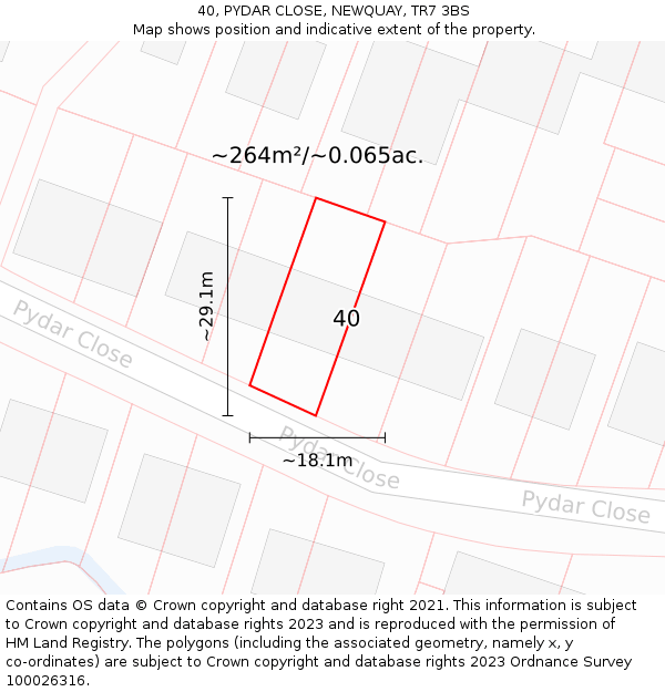 40, PYDAR CLOSE, NEWQUAY, TR7 3BS: Plot and title map