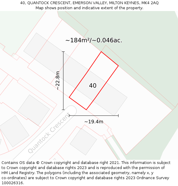 40, QUANTOCK CRESCENT, EMERSON VALLEY, MILTON KEYNES, MK4 2AQ: Plot and title map