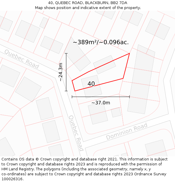 40, QUEBEC ROAD, BLACKBURN, BB2 7DA: Plot and title map