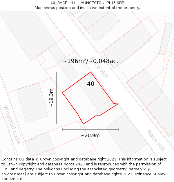 40, RACE HILL, LAUNCESTON, PL15 9BB: Plot and title map