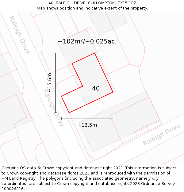 40, RALEIGH DRIVE, CULLOMPTON, EX15 1FZ: Plot and title map