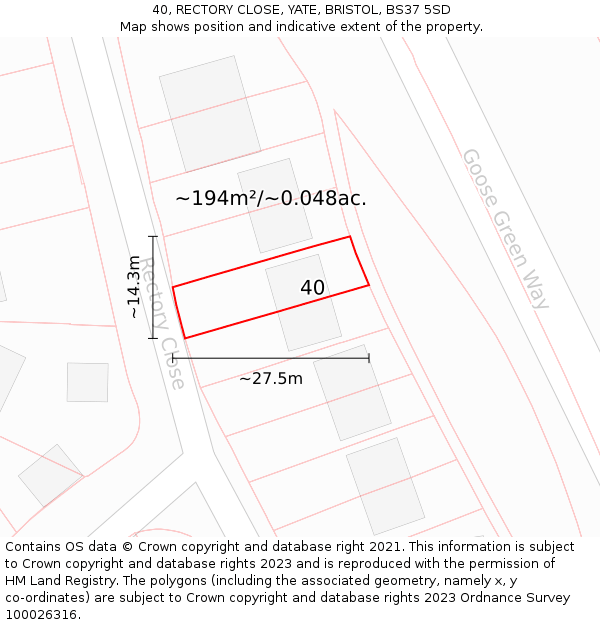 40, RECTORY CLOSE, YATE, BRISTOL, BS37 5SD: Plot and title map