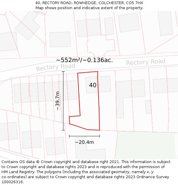 40, RECTORY ROAD, ROWHEDGE, COLCHESTER, CO5 7HX: Plot and title map