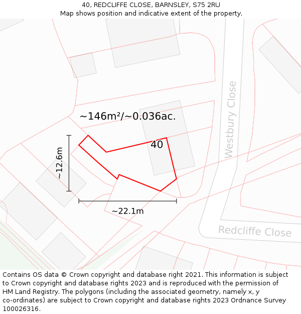 40, REDCLIFFE CLOSE, BARNSLEY, S75 2RU: Plot and title map