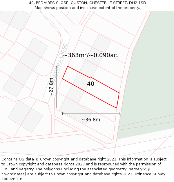 40, REDMIRES CLOSE, OUSTON, CHESTER LE STREET, DH2 1SB: Plot and title map