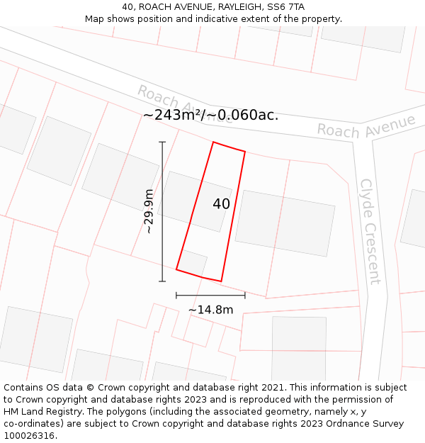 40, ROACH AVENUE, RAYLEIGH, SS6 7TA: Plot and title map