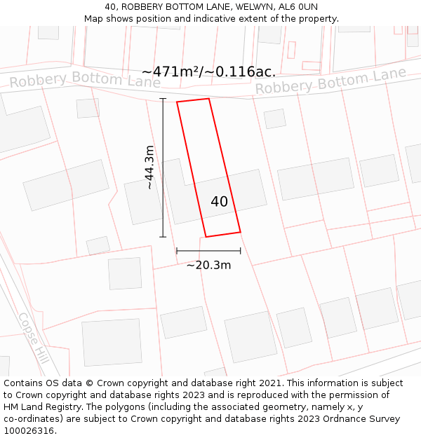 40, ROBBERY BOTTOM LANE, WELWYN, AL6 0UN: Plot and title map