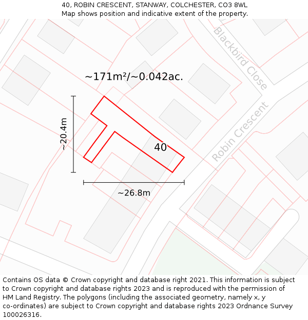 40, ROBIN CRESCENT, STANWAY, COLCHESTER, CO3 8WL: Plot and title map