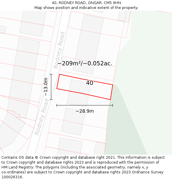 40, RODNEY ROAD, ONGAR, CM5 9HN: Plot and title map