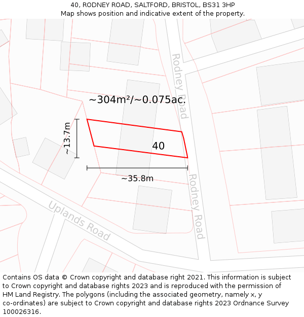 40, RODNEY ROAD, SALTFORD, BRISTOL, BS31 3HP: Plot and title map