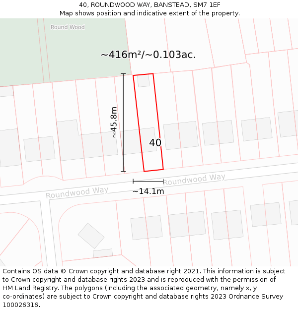 40, ROUNDWOOD WAY, BANSTEAD, SM7 1EF: Plot and title map