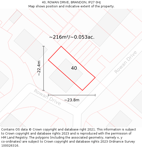 40, ROWAN DRIVE, BRANDON, IP27 0HJ: Plot and title map