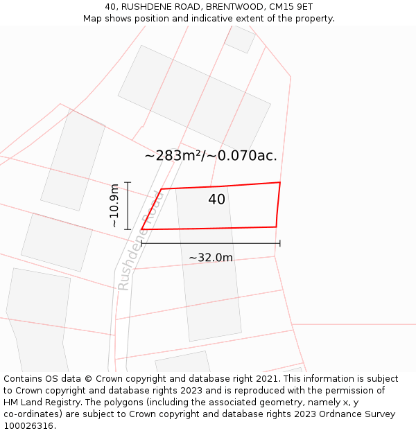 40, RUSHDENE ROAD, BRENTWOOD, CM15 9ET: Plot and title map