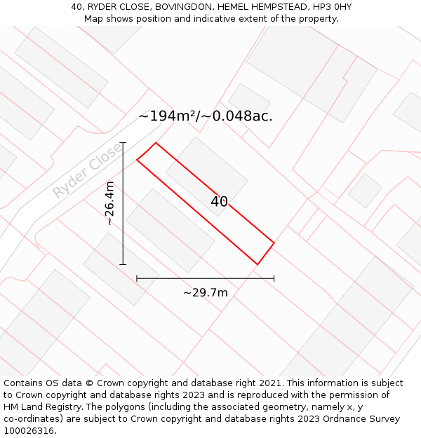 40, RYDER CLOSE, BOVINGDON, HEMEL HEMPSTEAD, HP3 0HY: Plot and title map