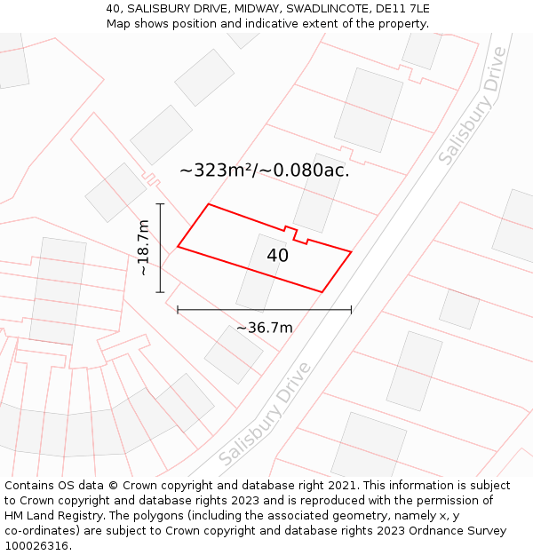 40, SALISBURY DRIVE, MIDWAY, SWADLINCOTE, DE11 7LE: Plot and title map