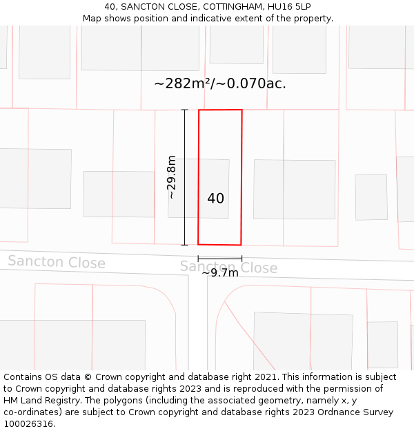 40, SANCTON CLOSE, COTTINGHAM, HU16 5LP: Plot and title map