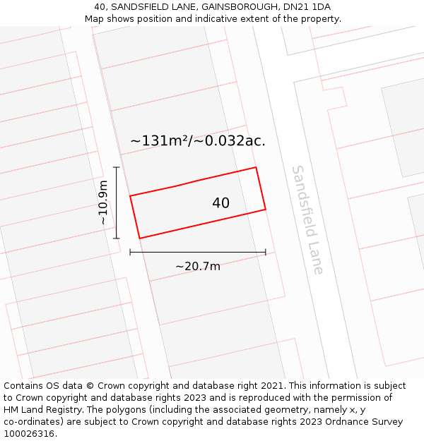 40, SANDSFIELD LANE, GAINSBOROUGH, DN21 1DA: Plot and title map