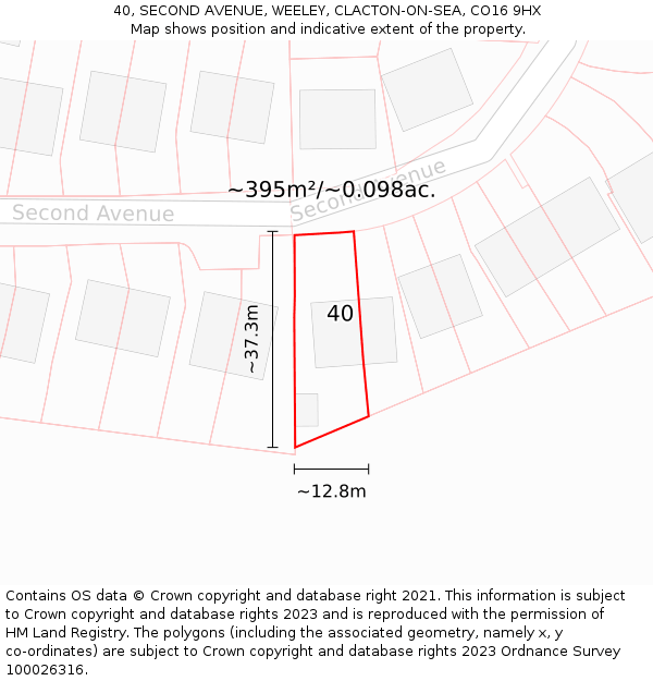 40, SECOND AVENUE, WEELEY, CLACTON-ON-SEA, CO16 9HX: Plot and title map