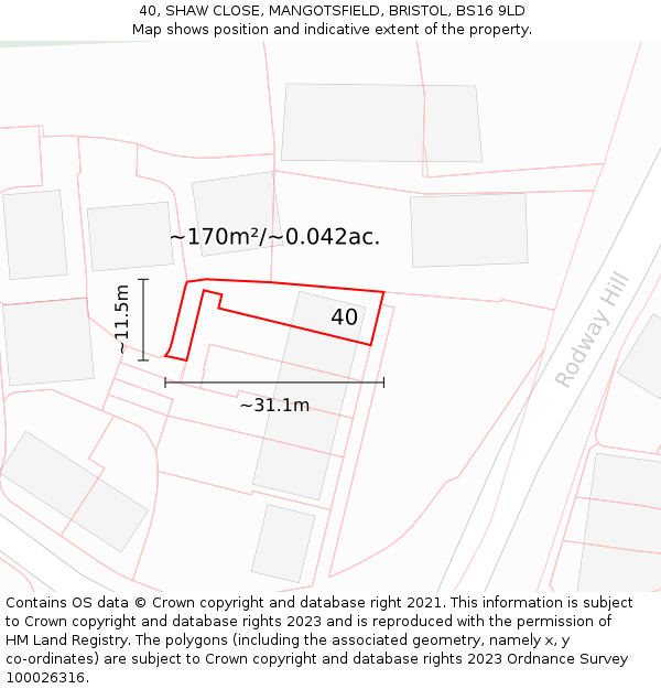 40, SHAW CLOSE, MANGOTSFIELD, BRISTOL, BS16 9LD: Plot and title map