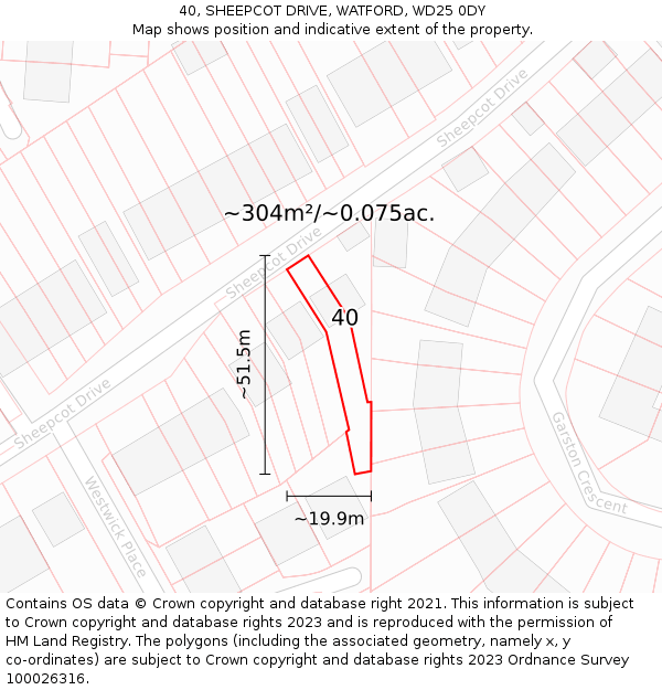 40, SHEEPCOT DRIVE, WATFORD, WD25 0DY: Plot and title map