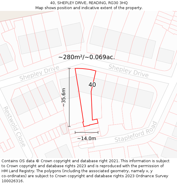 40, SHEPLEY DRIVE, READING, RG30 3HQ: Plot and title map