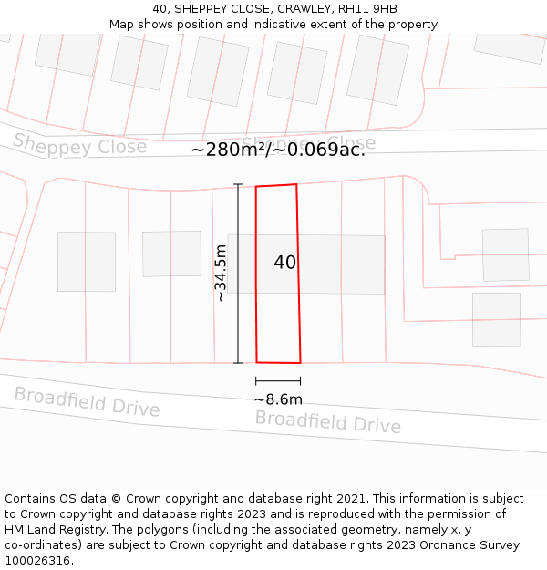 40, SHEPPEY CLOSE, CRAWLEY, RH11 9HB: Plot and title map