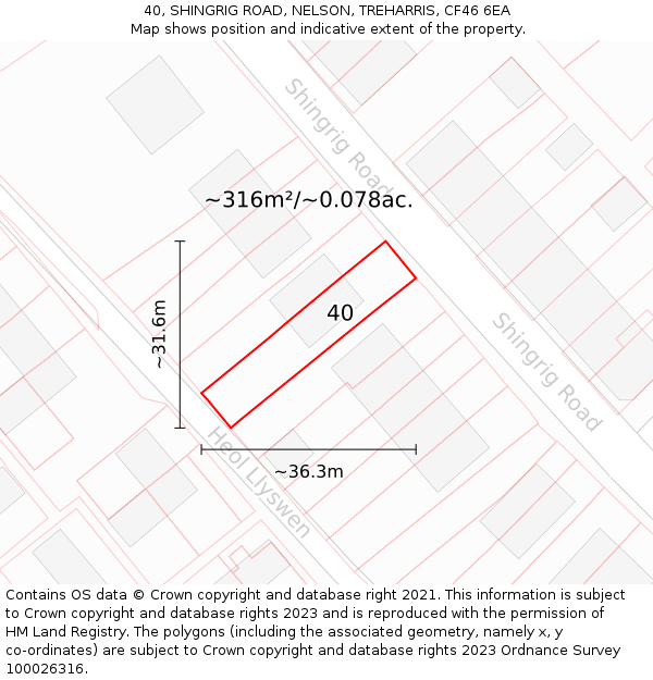 40, SHINGRIG ROAD, NELSON, TREHARRIS, CF46 6EA: Plot and title map