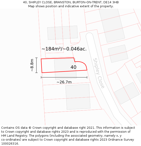 40, SHIPLEY CLOSE, BRANSTON, BURTON-ON-TRENT, DE14 3HB: Plot and title map