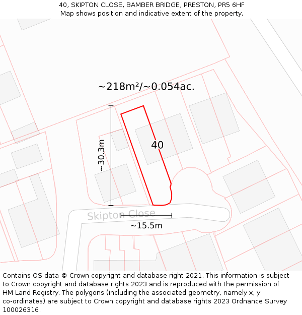 40, SKIPTON CLOSE, BAMBER BRIDGE, PRESTON, PR5 6HF: Plot and title map