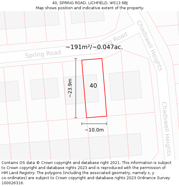 40, SPRING ROAD, LICHFIELD, WS13 6BJ: Plot and title map