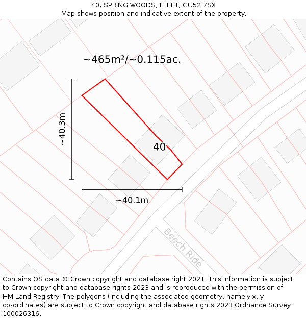 40, SPRING WOODS, FLEET, GU52 7SX: Plot and title map