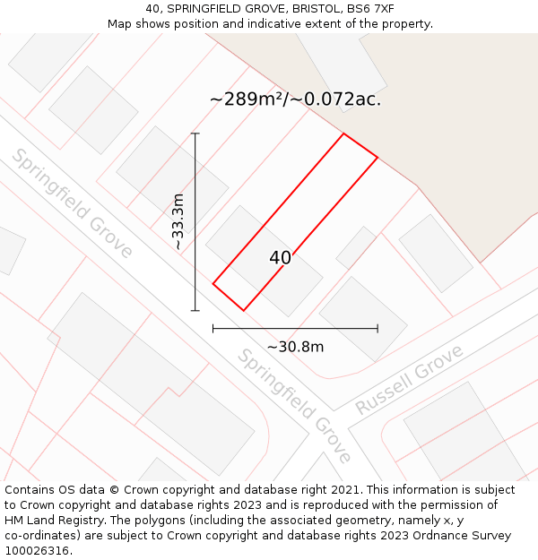 40, SPRINGFIELD GROVE, BRISTOL, BS6 7XF: Plot and title map