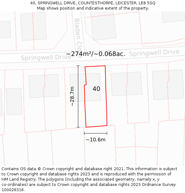 40, SPRINGWELL DRIVE, COUNTESTHORPE, LEICESTER, LE8 5SQ: Plot and title map