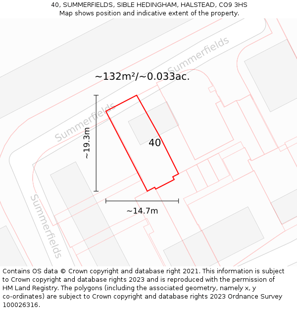 40, SUMMERFIELDS, SIBLE HEDINGHAM, HALSTEAD, CO9 3HS: Plot and title map