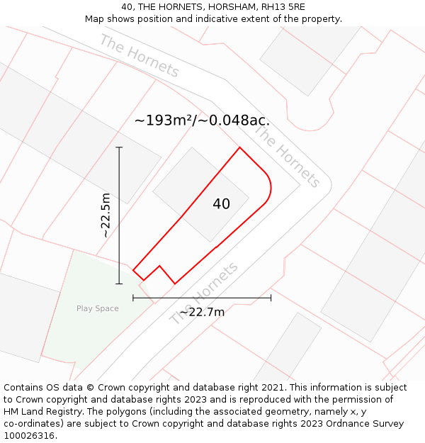 40, THE HORNETS, HORSHAM, RH13 5RE: Plot and title map