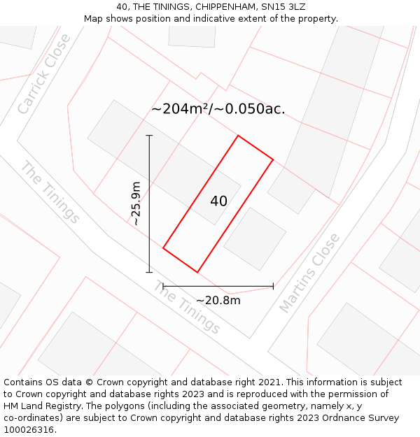 40, THE TININGS, CHIPPENHAM, SN15 3LZ: Plot and title map