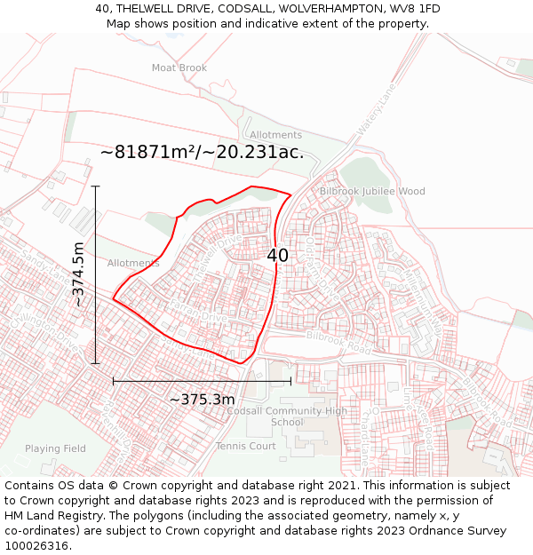 40, THELWELL DRIVE, CODSALL, WOLVERHAMPTON, WV8 1FD: Plot and title map
