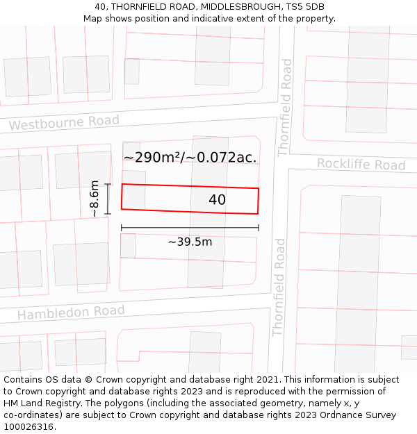 40, THORNFIELD ROAD, MIDDLESBROUGH, TS5 5DB: Plot and title map