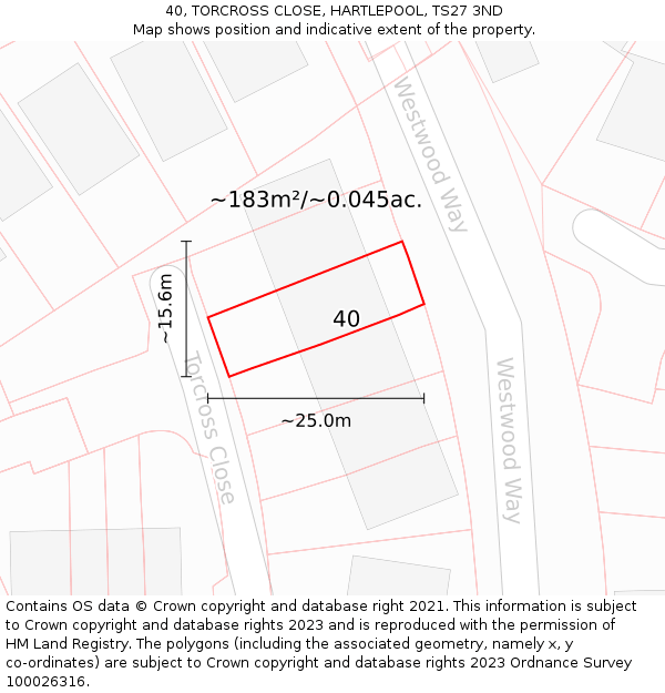 40, TORCROSS CLOSE, HARTLEPOOL, TS27 3ND: Plot and title map