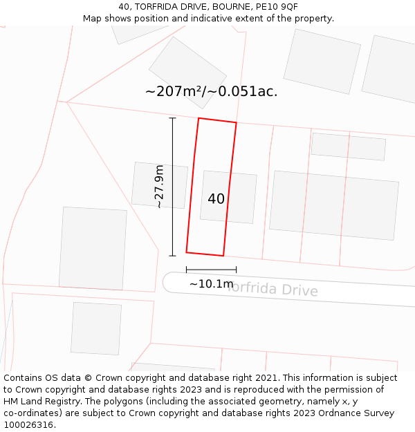 40, TORFRIDA DRIVE, BOURNE, PE10 9QF: Plot and title map