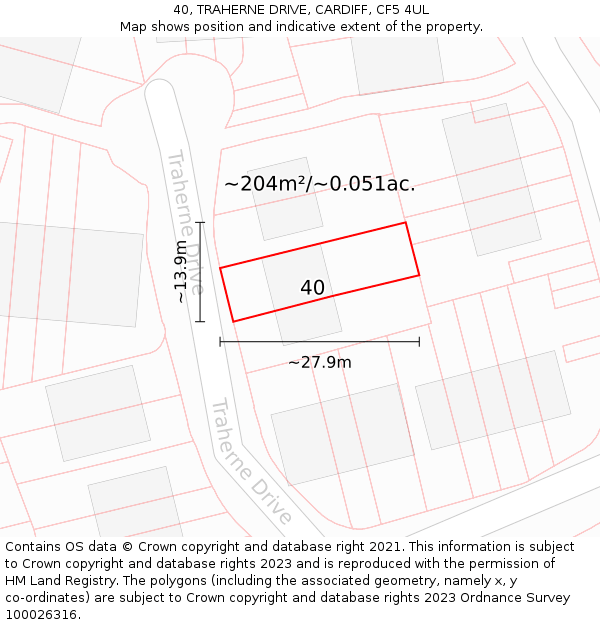 40, TRAHERNE DRIVE, CARDIFF, CF5 4UL: Plot and title map