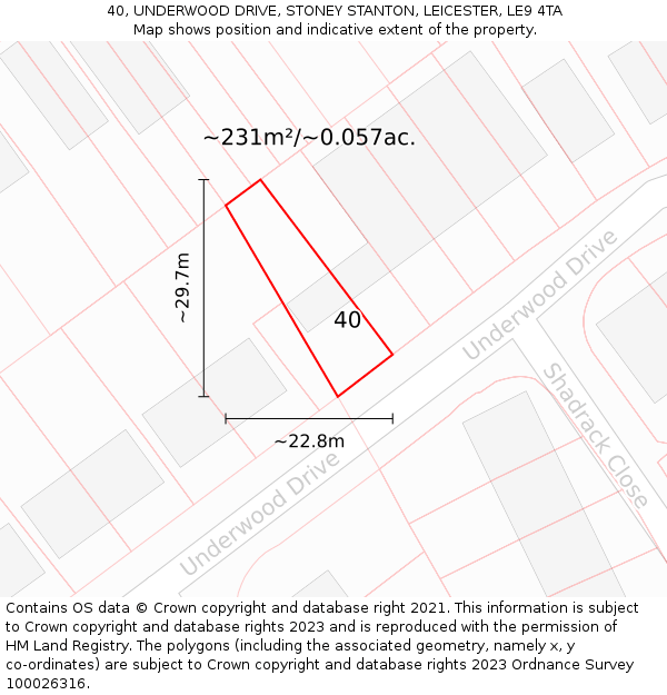 40, UNDERWOOD DRIVE, STONEY STANTON, LEICESTER, LE9 4TA: Plot and title map