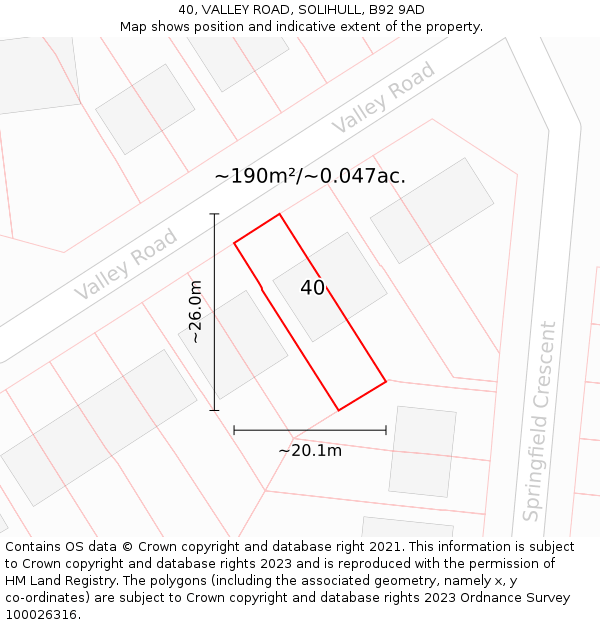 40, VALLEY ROAD, SOLIHULL, B92 9AD: Plot and title map