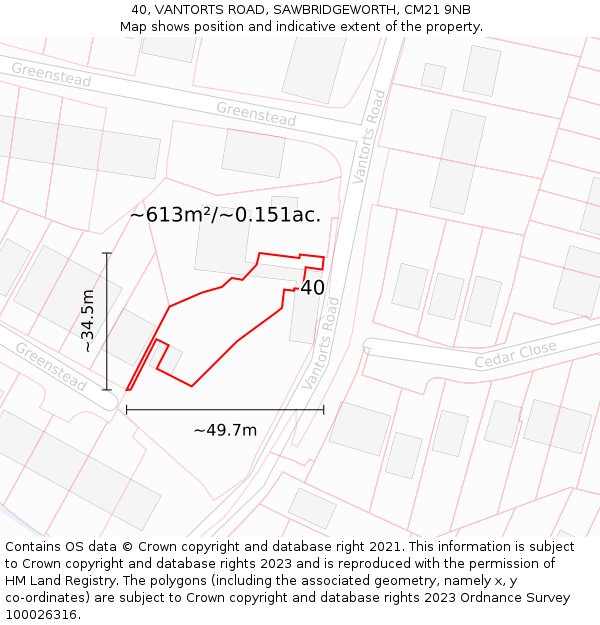 40, VANTORTS ROAD, SAWBRIDGEWORTH, CM21 9NB: Plot and title map